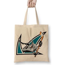 Baskı Dükkanı Shark Hockey Team Logo Bez Uzun Saplı Krem Rengi Çanta