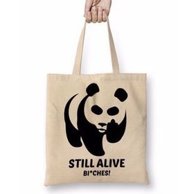 Baskı Dükkanı Still Alive Panda Bez Uzun Saplı Krem Rengi Çanta