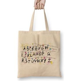 Baskı Dükkanı Stranger Things Alphabet Christmas Lights Bez Uzun Saplı Krem Rengi Çanta