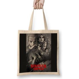 Baskı Dükkanı Stranger Things Black Bez Uzun Saplı Krem Rengi Çanta