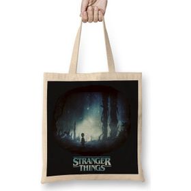Baskı Dükkanı Stranger Things Black Bez Uzun Saplı Krem Rengi Çanta