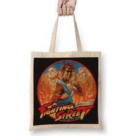 Baskı Dükkanı Street Fighter Fighting Street Bez Uzun Saplı Krem Rengi Çanta