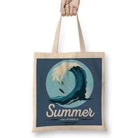 Baskı Dükkanı Summer California Waves Bez Uzun Saplı Krem Rengi Çanta