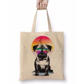 Baskı Dükkanı Summer Pug Gözlüklü Pug Köpek Bez Uzun Saplı Krem Rengi Çanta