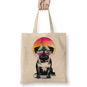 Baskı Dükkanı Summer Pug Gözlüklü Pug Köpek Bez Uzun Saplı Krem Rengi Çanta