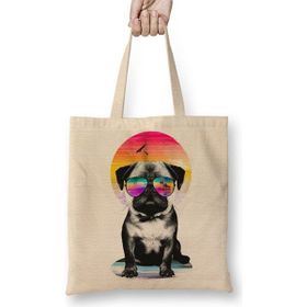 Baskı Dükkanı Summer Pug Gözlüklü Pug Köpek Bez Uzun Saplı Krem Rengi Çanta