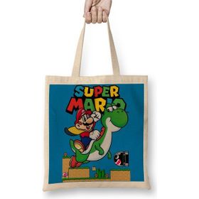 Baskı Dükkanı Süper Mario E Yoshi Bez Uzun Saplı Krem Rengi Çanta