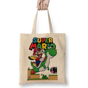 Baskı Dükkanı Süper Mario E Yoshi Bez Uzun Saplı Krem Rengi Çanta