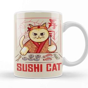 Baskı Dükkanı Sushi Cat Beyaz Porselen Kupa Bardak