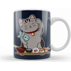 Baskı Dükkanı Sushi Cat Lucky Kedi Beyaz Porselen Kupa Bardak