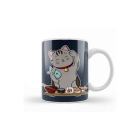 Baskı Dükkanı Sushi Cat Lucky Kedi Beyaz Porselen Kupa Bardak