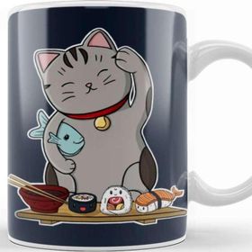 Baskı Dükkanı Sushi Cat Lucky Kedi Beyaz Porselen Kupa Bardak