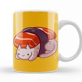 Baskı Dükkanı Sushi Cat Salmon Nigiri Cat Beyaz Porselen Kupa Bardak