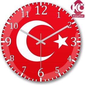Baskı Dükkanı Türk Bayrağı Sessiz Bombeli Gerçek Cam Duvar Saati