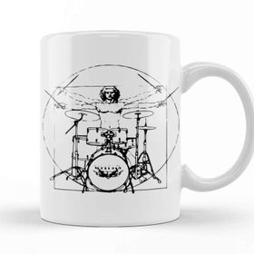 Baskı Dükkanı Vitruvian Man Drum Kit Black Lines Beyaz Porselen Kupa Bardak