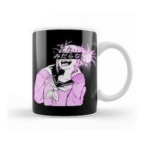 Baskı Dükkanı Waifu Anime Neko Vaporwave Glitch Manga Girl Beyaz Porselen Kupa Bardak