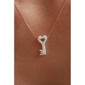 Bayar Gold 14 Ayar Altın Beyaz Opal Taşlı Kalpli Anahtar Kadın Kolye