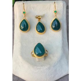 Bayar Gold 14 Ayar Damla Model Yeşil Akik Altın Set