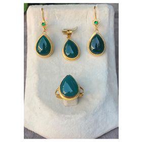 Bayar Gold 14 Ayar Damla Model Yeşil Akik Altın Set