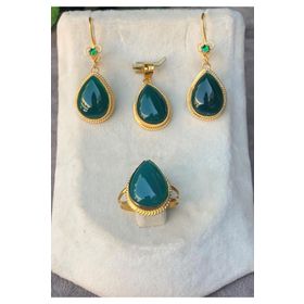 Bayar Gold 14 Ayar Damla Model Yeşil Akik Altın Set