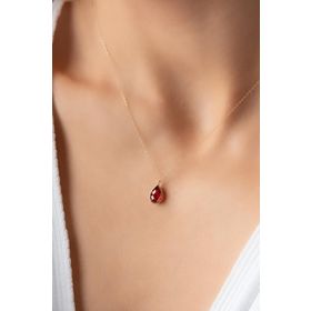 Bayar Gold 14 Ayar Kırmızı Taşlı Damla Altın Kolye