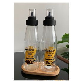 Bayev Büyük Boy 3 Parça 720 ml Damlatmaz Akıllı Ahşap Standlı Cam Yağlık Seti