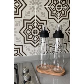 Bayev Büyük Boy 3 Parça 720 ml Damlatmaz Akıllı Ahşap Standlı Cam Yağlık Seti