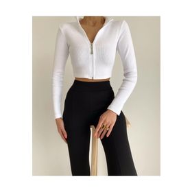 BE CHİC BLZ1007 Beyaz Fermuarlı Fitilli Crop Bluz
