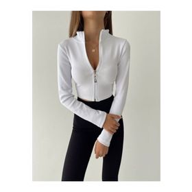 BE CHİC BLZ1007 Beyaz Fermuarlı Fitilli Crop Bluz