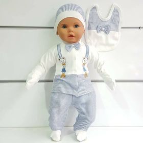 Bebegen Ayıcık Askılı Papyonlu Mavi 5'li Erkek Bebek Hastane Çıkış Seti