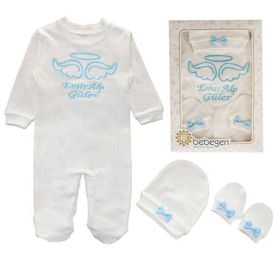 Bebegen İsme Özel Mavi Nakışlı Bereli Eldivenli Erkek Bebek Tulum