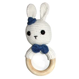 Bebegen Küçük Mavi Şapkalı Beyaz Tavşan Amigurumi Çıngırak
