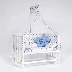 Bebeget B02 60X120 cm Süper Natural Ahşap 4 Kademeli Beyaz Anne Yanı Sallanır Mavi Ay Uyku Seti ve Yataklı Beşik