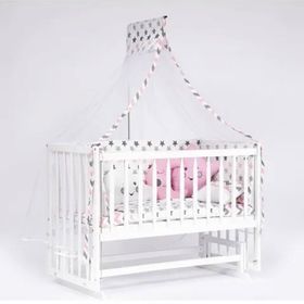 Bebeget B03 Süper 60X120 cm Natural Ahşap Beşik 4 Kademeli Beyaz Anne Yanı Sallanır Pembe Ay Uyku Seti ve Yataklı Beşik