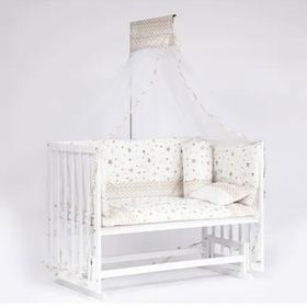Bebeget B06 Süper 60X120 cm Natural Ahşap Beşik 4 Kademeli Beyaz Anne Yanı Sallanır KVSTAR Uyku Seti ve Yataklı Beşik