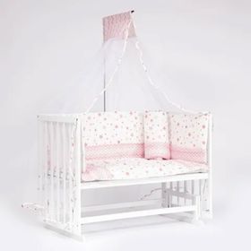 Bebeget B10 Süper 60X120 cm Natural Ahşap Beşik 4 Kademeli Beyaz Anne Yanı Sallanır Pembe Star Uyku Seti ve Yataklı Beşik