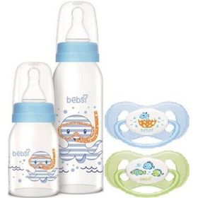 Bebsi No 1 250+125 ml Mavi Ortodontik Damaklı Kelebek Emzik ve Cam Biberon Seti