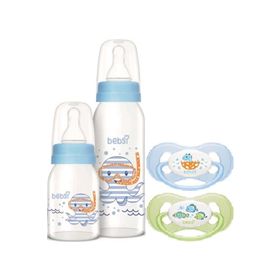 Bebsi No 1 250+125 ml Mavi Ortodontik Damaklı Kelebek Emzik ve Cam Biberon Seti