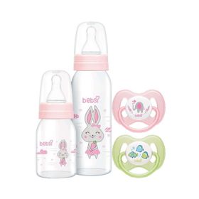 Bebsi No 1 250+125 ml Pembe Ortodontik Damaklı Kelebek Emzik ve Cam Biberon Seti