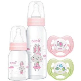 Bebsi No 1 250+125 ml Pembe Ortodontik Damaklı Kelebek Emzik ve Cam Biberon Seti