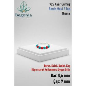 Begonia Accessories 925 Ayar Gümüş Piercing 7 Top Bordo Mavi Boncuklu Halka Hızma