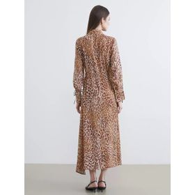 Bej Leopar Desenli Modal Karışımlı Gömlek Elbise