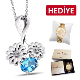 Bella Gloria GPK0038 Mavi Topaz Papatya Pırlanta Kolye