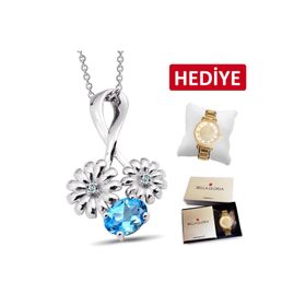 Bella Gloria GPK0038 Mavi Topaz Papatya Pırlanta Kolye