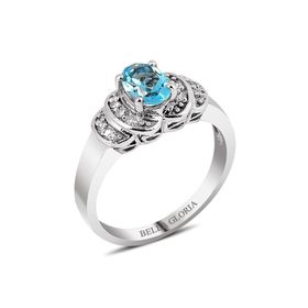 Bella Gloria GPY0026 Altın Kaplamalı Mavi Topaz Tektaş Pırlanta Yüzük