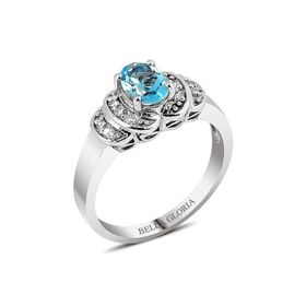 Bella Gloria GPY0026 Altın Kaplamalı Mavi Topaz Tektaş Pırlanta Yüzük