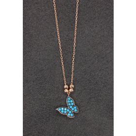 Bella Gloria TGK0161 Turkuaz Kelebek Rose Gümüş Kolye