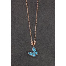Bella Gloria TGK0161 Turkuaz Kelebek Rose Gümüş Kolye