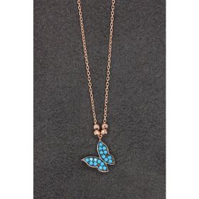 Bella Gloria TGK0161 Turkuaz Kelebek Rose Gümüş Kolye