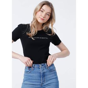 Benetton 3GA2E16A2 5002847495002 Bisiklet Yaka Normal Kalıp Kadın Siyah T-Shirt